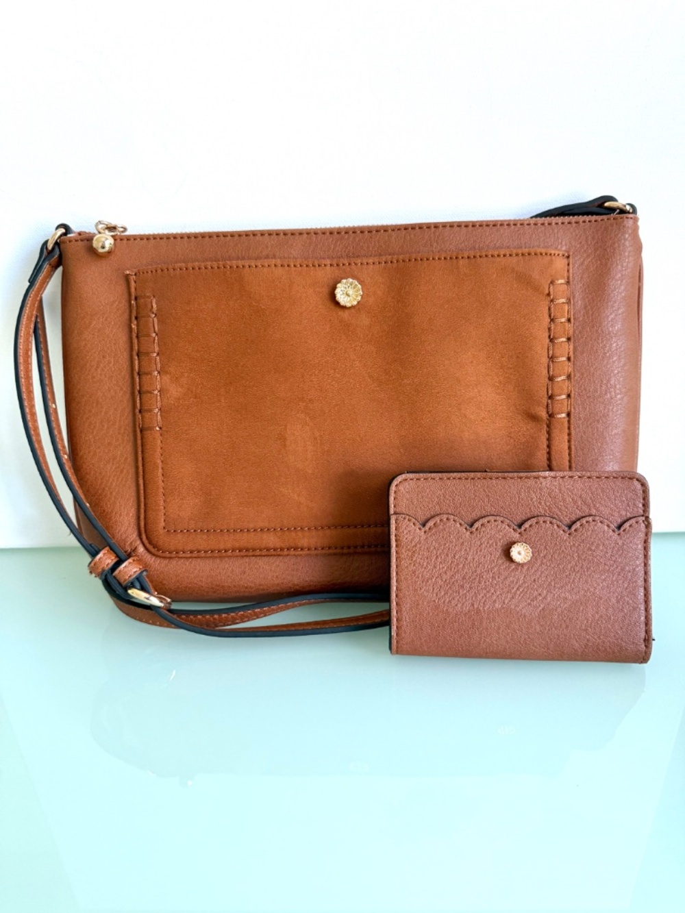 Lauren Conrad Brown Crossbody Bag & Wallet Set Adjustable Strap
